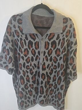 Manfinity Gray and Brown Leopard Print Knit Sweater - Casual Button Polo